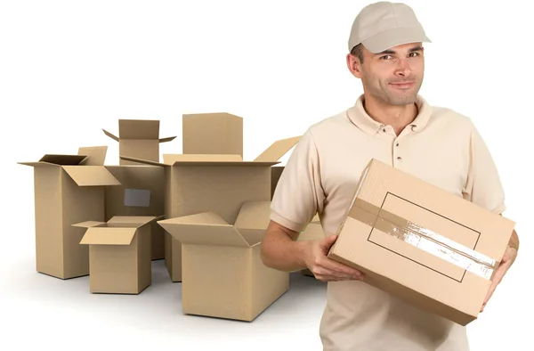 Delivery Man Χάρτινα Κουτιά Που Απομονώνονται Λευκό — Φωτογραφία Αρχείου