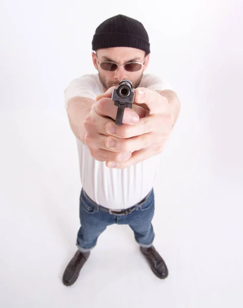 Молодий Чоловік Костюмі Пістолетом — стокове фото