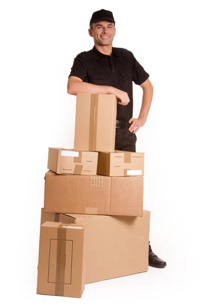 Jeune Homme Avec Des Boîtes Carton Sur Fond Blanc — Photo