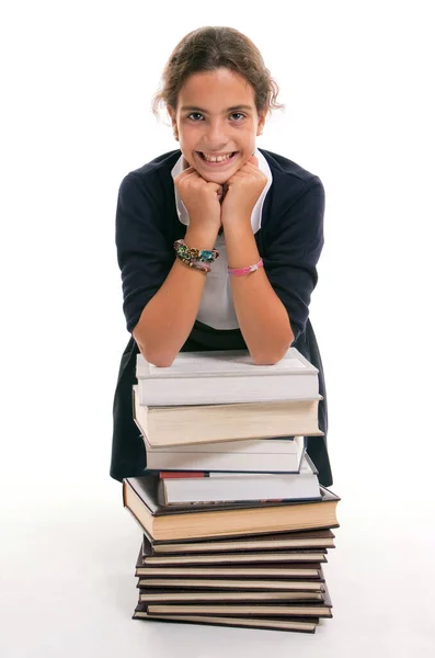 Estudiantes Felices Que Apoyan Montón Libros — Foto de Stock