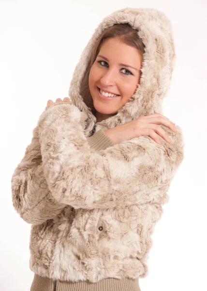 Beautiful Young Woman Fur Coat — Stock Photo, Image