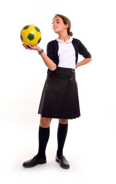 Studentessa Uniforme Con Pallone Calcio — Foto Stock