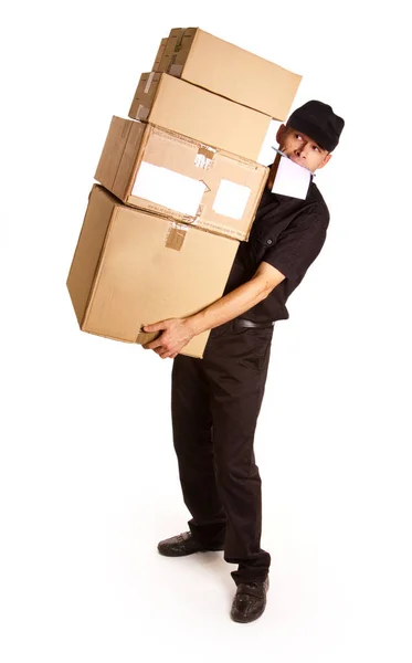 Homme Avec Une Boîte Carton Isolé Sur Fond Blanc — Photo