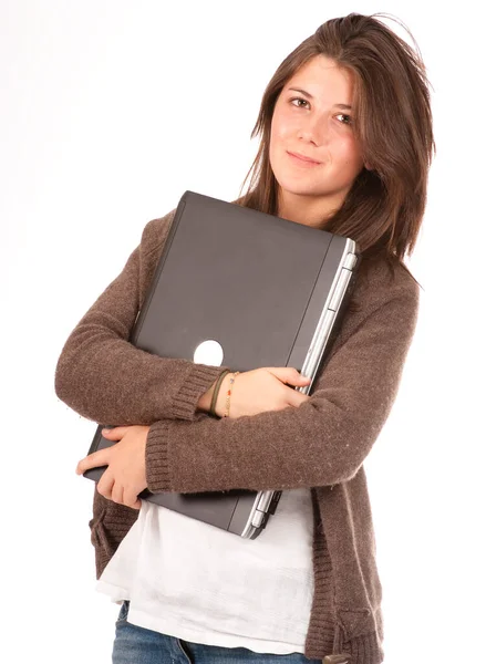 Mujer Joven Con Computadora Tableta Aislada Blanco — Foto de Stock