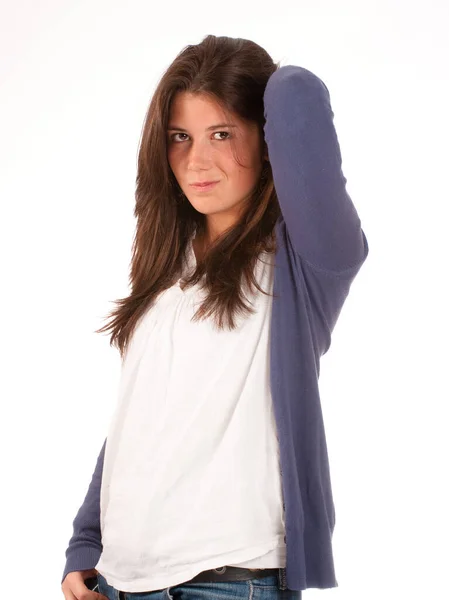 Retrato Uma Bela Jovem Mulher Uma Camisa Azul — Fotografia de Stock