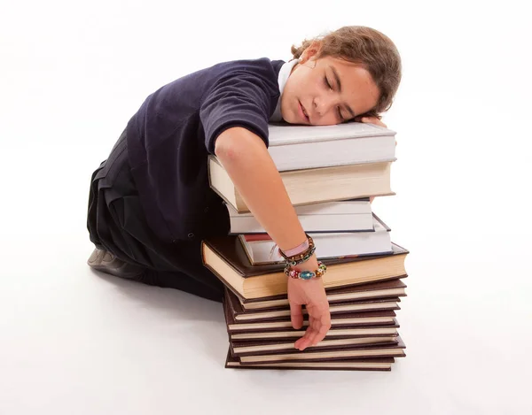 Schoolmeisje Slapen Een Stapel Boeken — Stockfoto