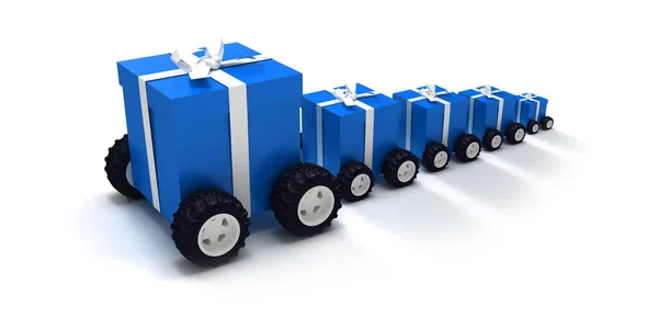 Rendering Line Blue Gift Boxes White Ribbons Wheels — Stock Photo, Image