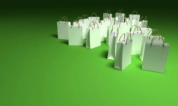 Fehér Papír Bevásárló Táskák Zöld Háttérrel — Stock Fotó