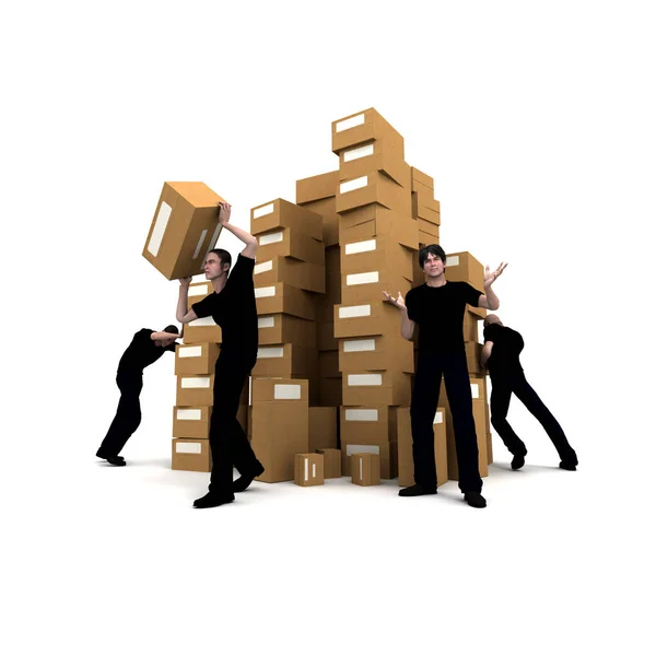 Vykreslování Hromady Kartonových Krabic Čtyři Zaměstnanci — Stock fotografie
