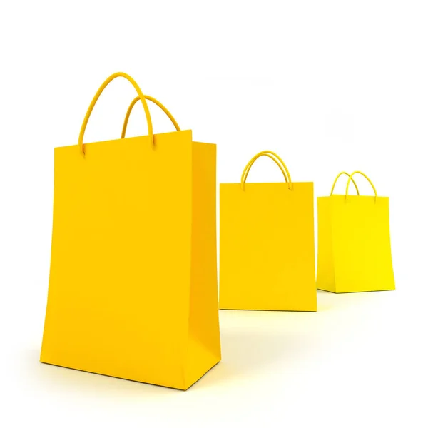 Renderização Três Sacos Compras Amarelos Contra Fundo Branco — Fotografia de Stock