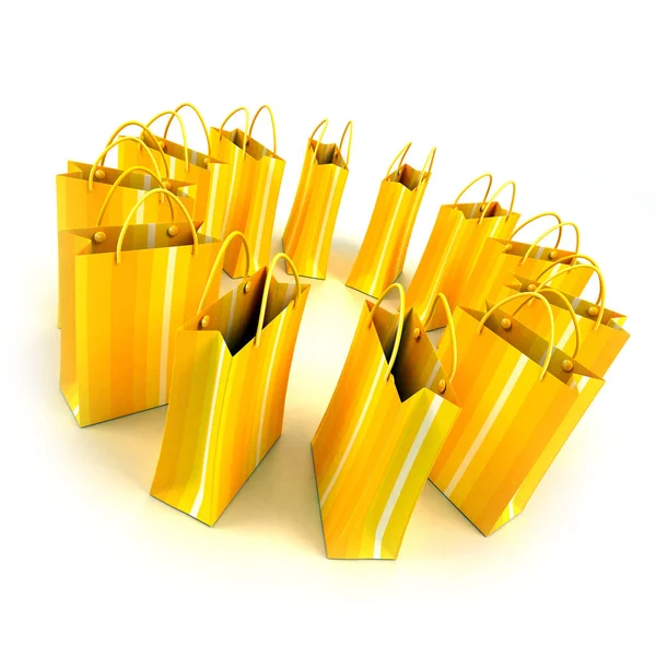 Renderização Sacos Compras Listrados Amarelos Formando Círculo Contra Fundo Branco — Fotografia de Stock