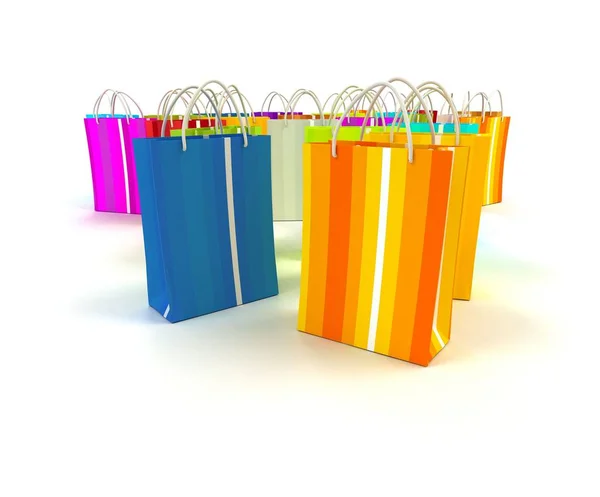 Kleurrijke Gestreepte Boodschappentassen Tegen Een Witte Achtergrond — Stockfoto