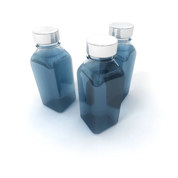 Rendering Trzy Małe Butelki Błękitnym Płynem — Zdjęcie stockowe
