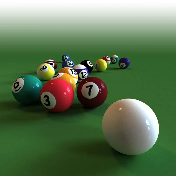 Cue Ball All Numbered Billiard Balls Green Felt Table — Stock Photo, Image