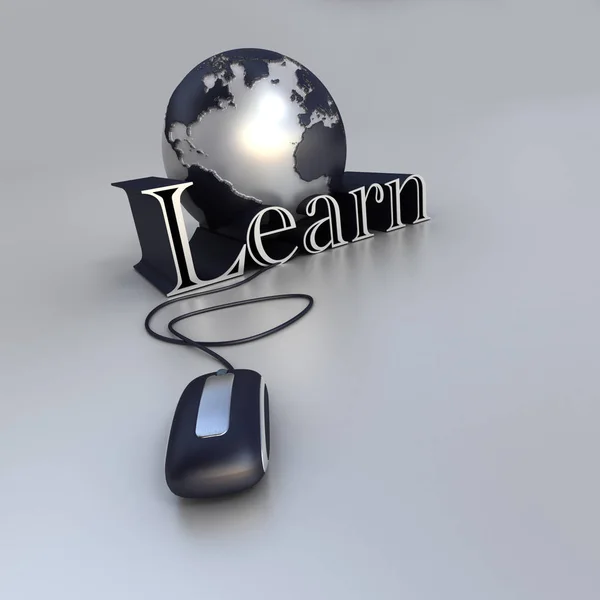 Rendering World Globe Computer Mouse World Learn Blue Silver Shades — Stockfoto