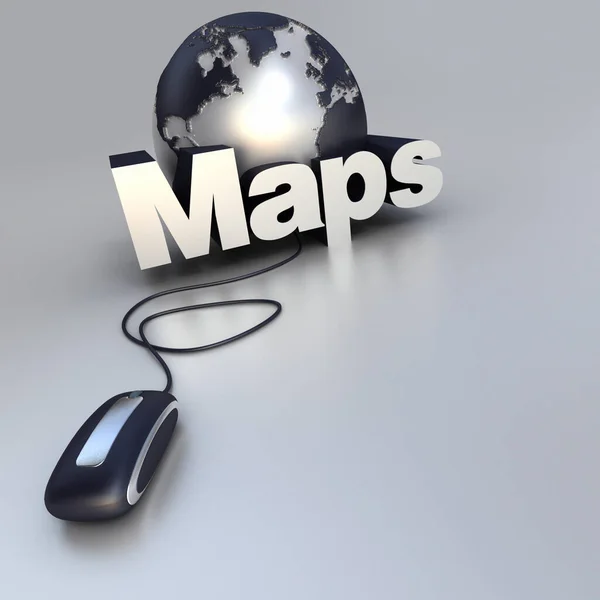 世界の3Dレンダリング コンピュータマウス 青と銀の単語マップ — ストック写真