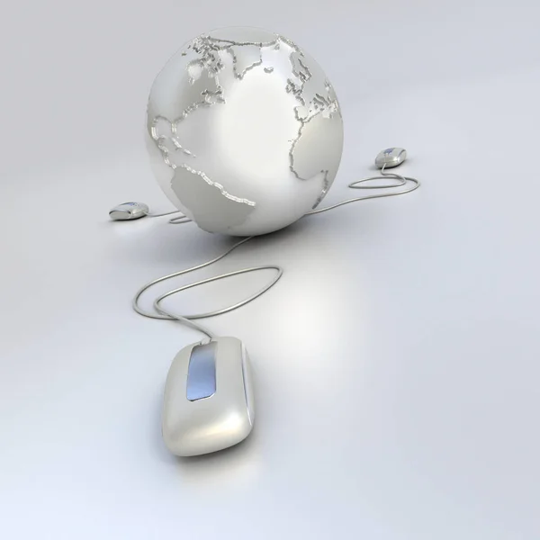 Silver Chrome Earth Globe Connected Three Computer Mouses — Stock Photo, Image