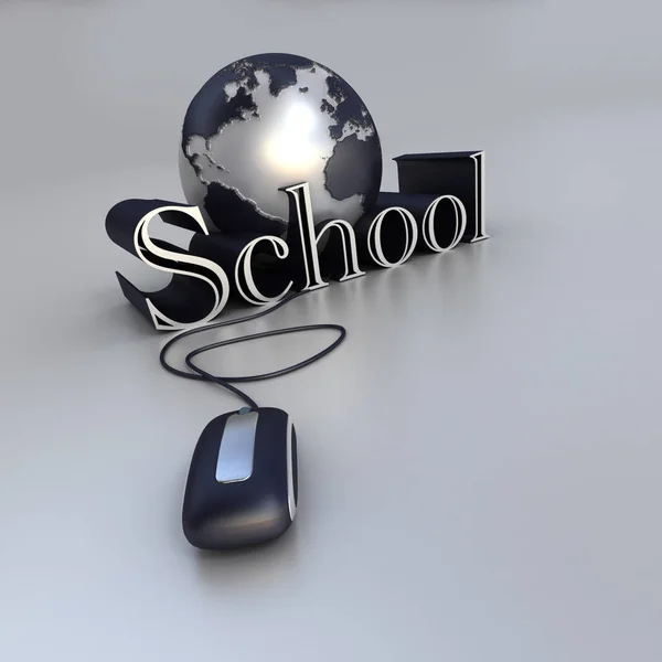 3D渲染一个蓝色和银色的世界 一个电脑鼠标和世界学校 — 图库照片