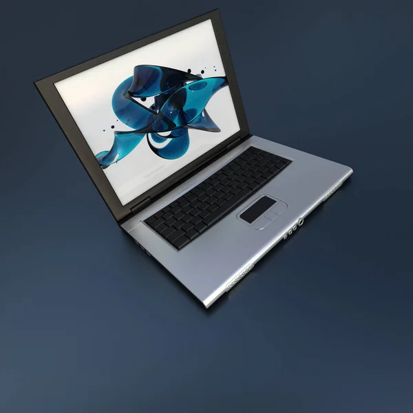 Rendering Van Een Opengeklapte Laptop Toont Een Abstracte Schermbeveiliging — Stockfoto