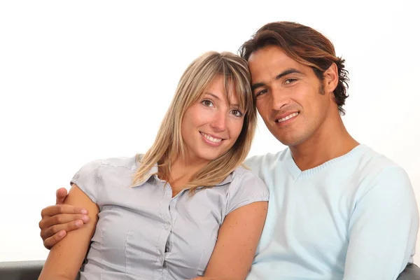 Portrait Loved Couple Sitting Couch — Stock Photo, Image