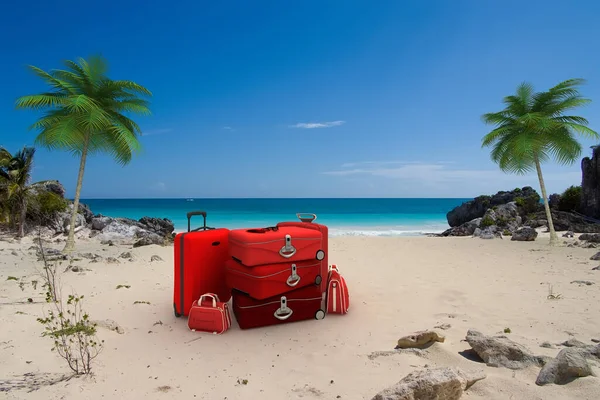 Pile Red Luggage Tropical Beach Stock Photo