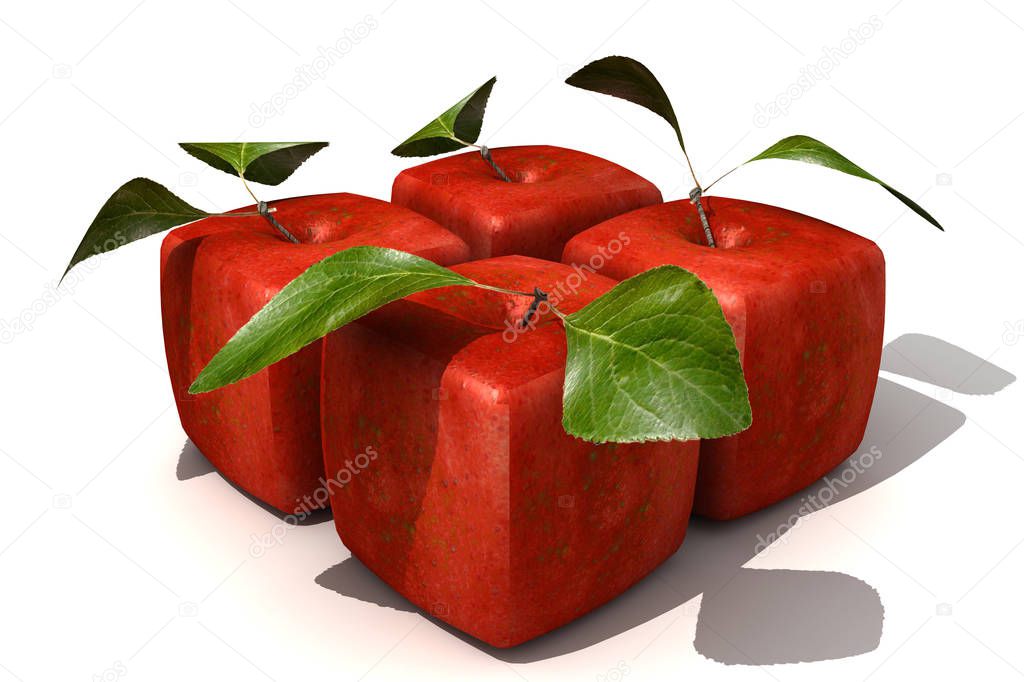 3D rendering of a pack of four cubic apples