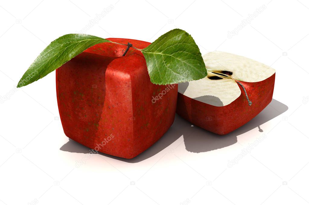3D rendering of a cubic red apple and a half