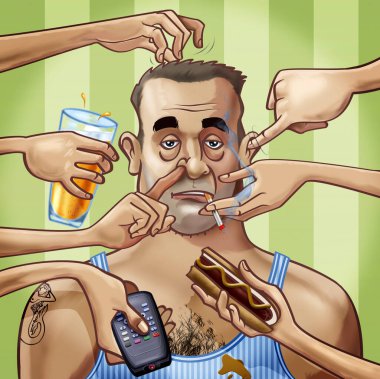 Cartoon-style illustration. A scruffy fat tattooed man surrounded by seven hands, scratching him or holding some objects: a glass of beer, a remote control, a hot dog and a cigarette clipart