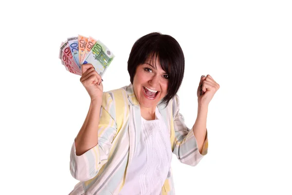 Jovem Mulher Está Contente Com Dinheiro — Fotografia de Stock