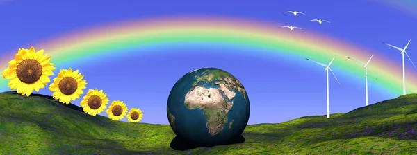 Ziemia Pod Tęczy Wzgórzu Zieloną Trawą Otoczony Słoneczniki Turbin Wiatrowych — Zdjęcie stockowe