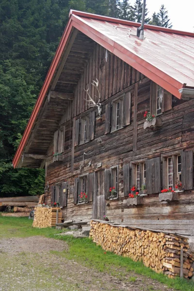 Haus Alpinen Stil Mit Holzstapel — Stockfoto