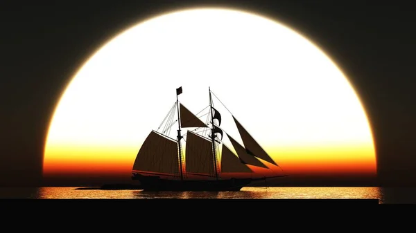 Sailboat Sails Set Low Large Sun Reflection Water — Stock Photo, Image