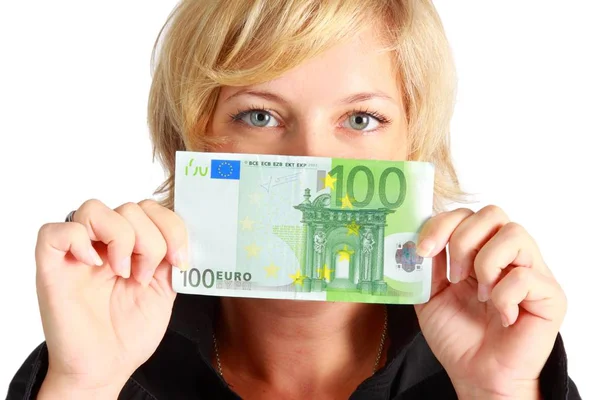 Wanita Dengan Catatan 100 Euro — Stok Foto