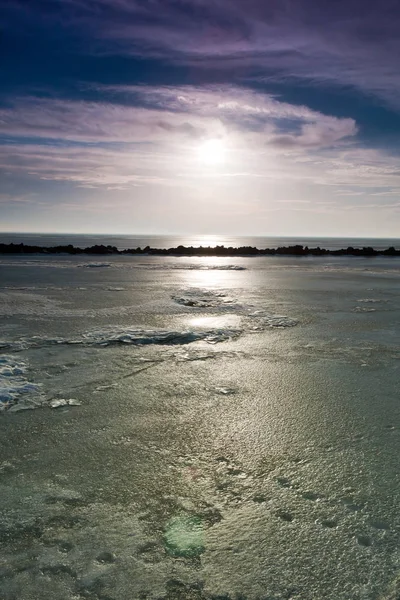 Coucher Soleil Sur Lac Hiver Gelé — Photo