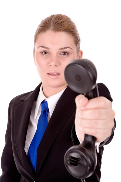Businesswoman Tenir Téléphone Sur Fond Blanc — Photo
