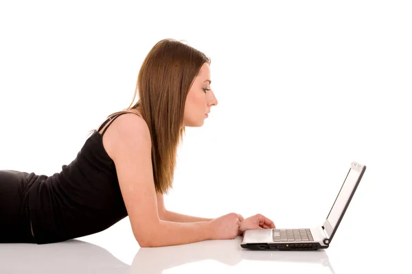 Beautiful Young Woman Using Laptop Floor — Stock Photo, Image