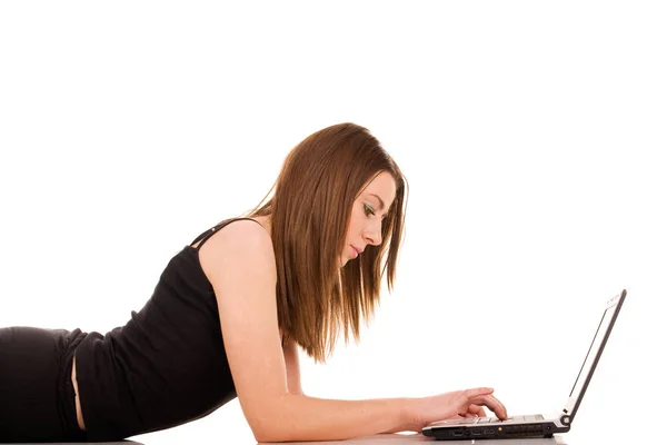 Mooie Jonge Vrouw Met Laptop Verdieping — Stockfoto