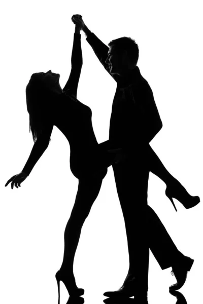 Één Kaukasische Paar Man Vrouw Rots Dansen Studio Silhouet Geïsoleerd — Stockfoto