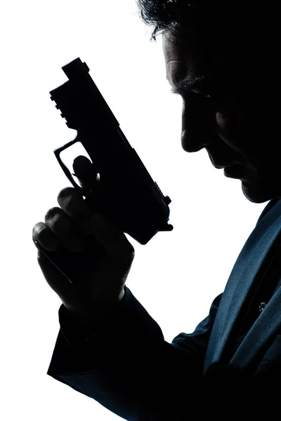 Caucasiano Espião Policial Criminal Detetive Homem Segurando Arma Retrato Silhueta — Fotografia de Stock