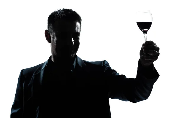 Uomo Caucasico Ritratto Silhouette Alzarsi Brindando Suo Bicchiere Vino Rosso — Foto Stock