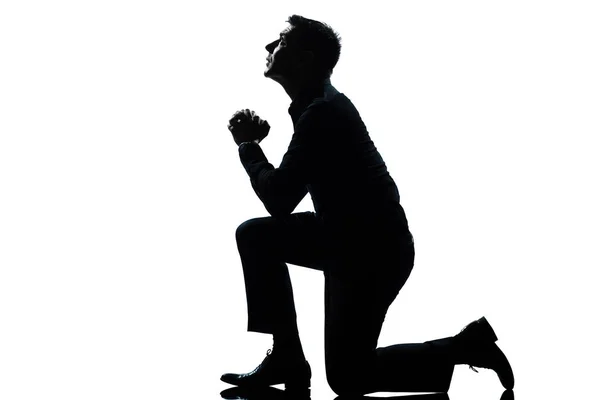 One Caucasian Man Kneeling Praying Full Length Silhouette Studio Isolated — Stock Photo, Image