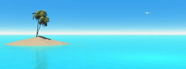 Palmy Piaszczystej Wyspie Środku Zielonego Oceanu Małe Seagull Pływające — Zdjęcie stockowe