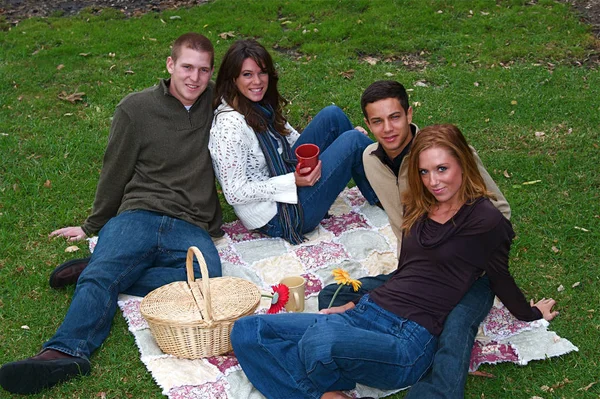 Pareja Joven Una Zona Picnic Bosque Otoño — Foto de Stock