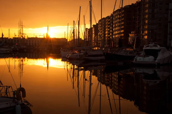 Puesta Sol Con Veleros Ostende — Foto de Stock