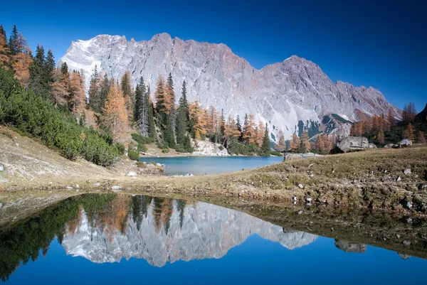 Καθρεφτίζοντας Την Οροσειρά Wetterstein Στο Seebensee — Φωτογραφία Αρχείου