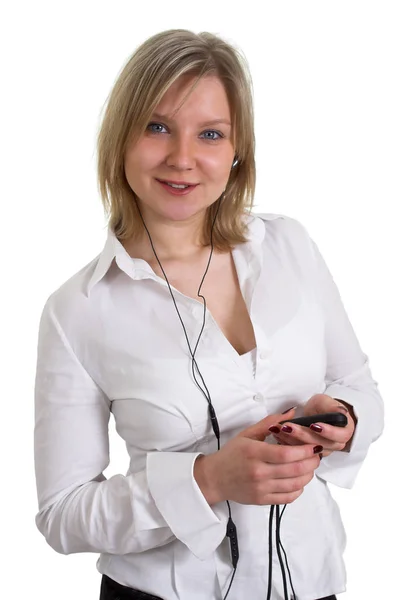 Sonriendo Con Auriculares Chica Escuchando Música Sosteniendo Reproductor Mp3 Sus — Foto de Stock