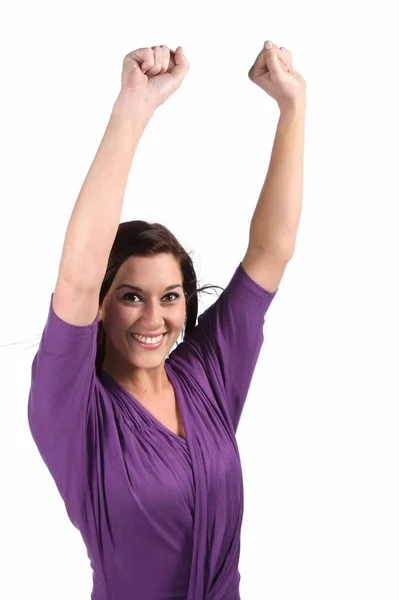 Όμορφες Και Χαρούμενες Μελαχρινή Γυναίκα Χέρια Υψωμένα Και Γιορτάζει — Φωτογραφία Αρχείου