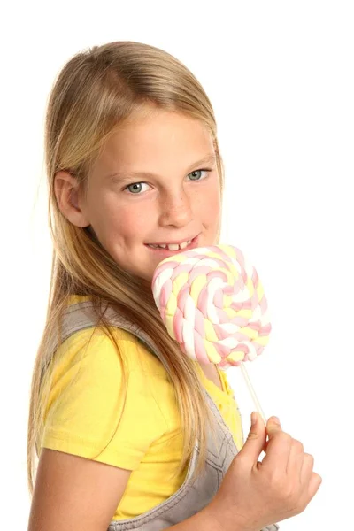 Jolie Jeune Écolière Avec Bâton Bonbons Guimauve — Photo