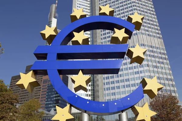 Signo Del Euro Frankfurt Main Antes Torre Del Euro — Foto de Stock