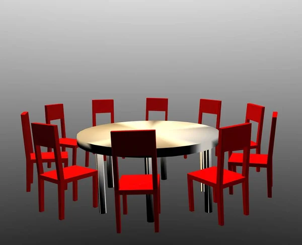 Renderização Uma Mesa Com Cadeiras Uma Cadeira Vermelha — Fotografia de Stock